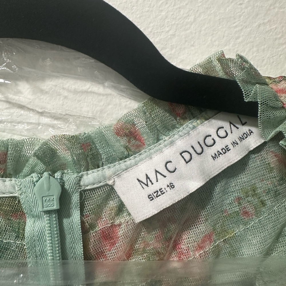 New Mac Duggal Size 16 Green Floral Ruffle Tiered Short Sleeve A Line Midi Dress - Picture 5 of 10